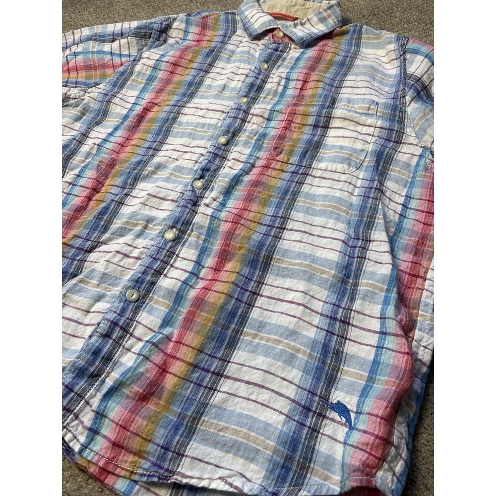 Tommy Bahama Mens L 100% Linen Button Down Shirt Plaid Short Sleeve Blue White - Picture 8 of 8